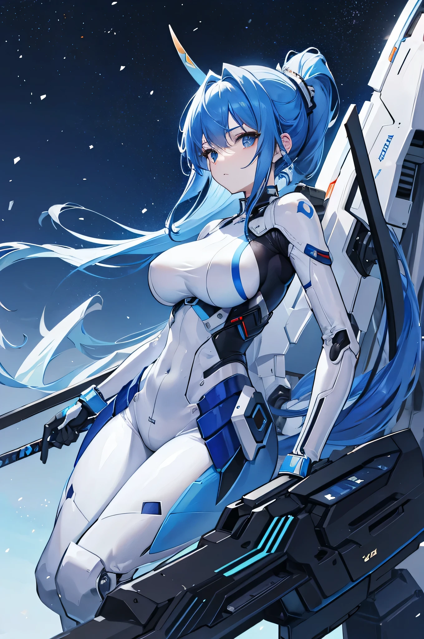 4K,High resolution,one woman,blue hair,long ponytail,big breasts,white tight mechanical suit,side boob,Mechanical visor,Japanese sword,city of the future,daytime sky