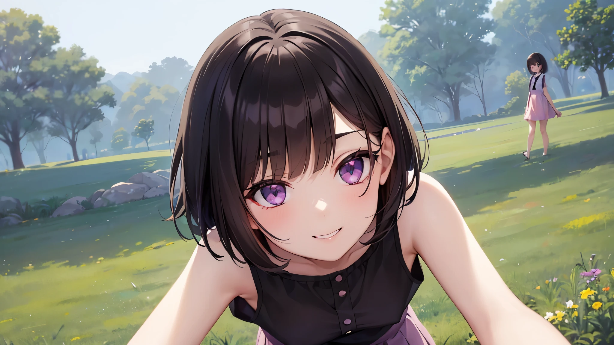 very cute girl、dark brown hair、bob cut、short hair、Violet eyes、smile、Crystal clear white skin、white tank top、pink cardigan、gray skirt、Black knee-high、whole body、grassland。