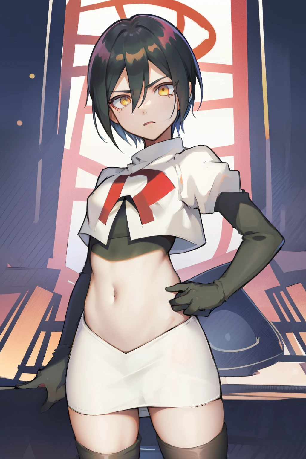 absurdres, cowboy shot, solo, male focus, trap, 1boy, crossdressing,1boy, saihara shuichi, yellow eyes,looking at viewer, team rocket,team rocket uniform,white skirt,red letter R,crop top,black thigh-highs,black elbow gloves