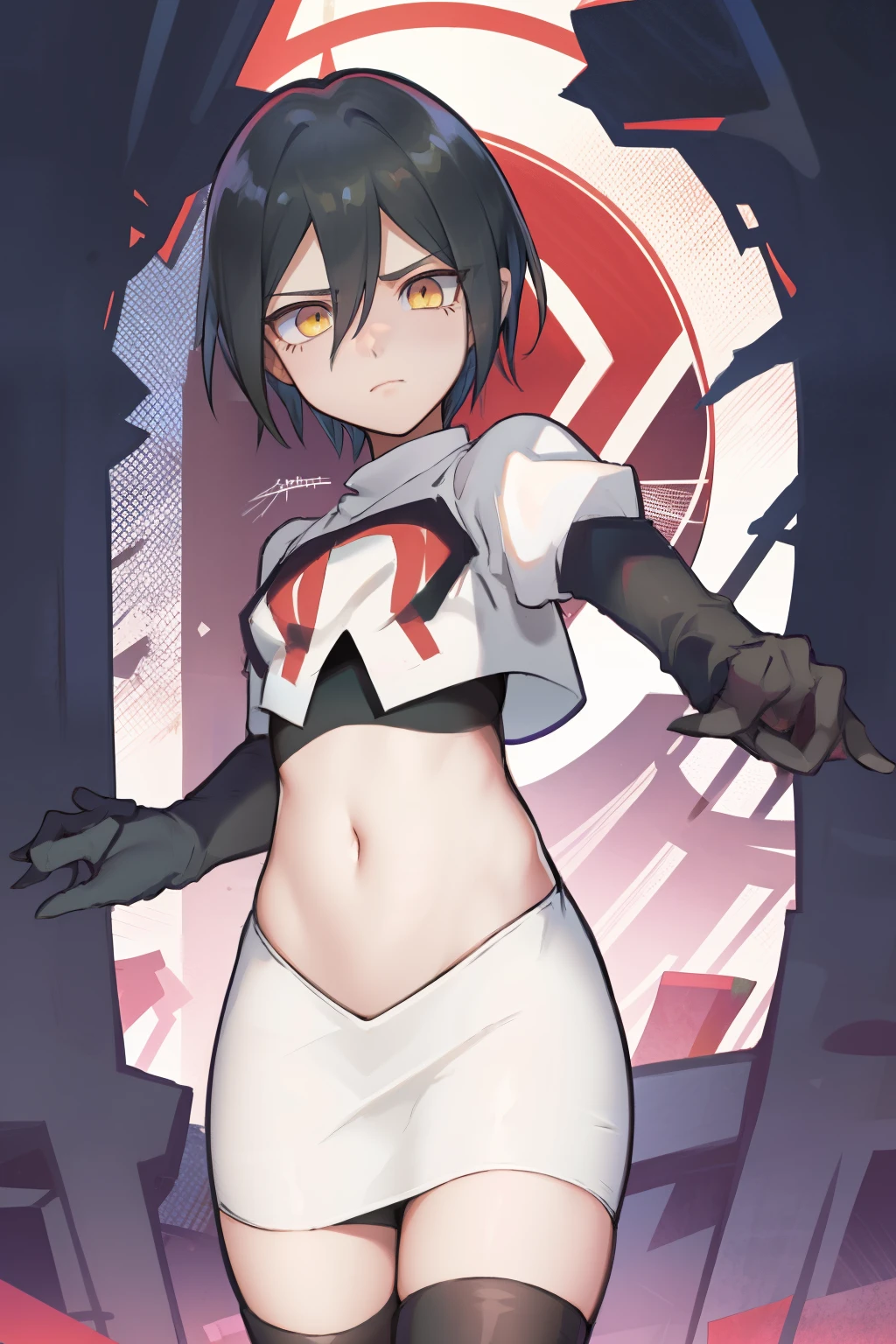 absurdres, cowboy shot, solo, male focus, trap, 1boy, crossdressing,1boy, saihara shuichi, yellow eyes,looking at viewer, team rocket,team rocket uniform,white skirt,red letter R,crop top,black thigh-highs,black elbow gloves