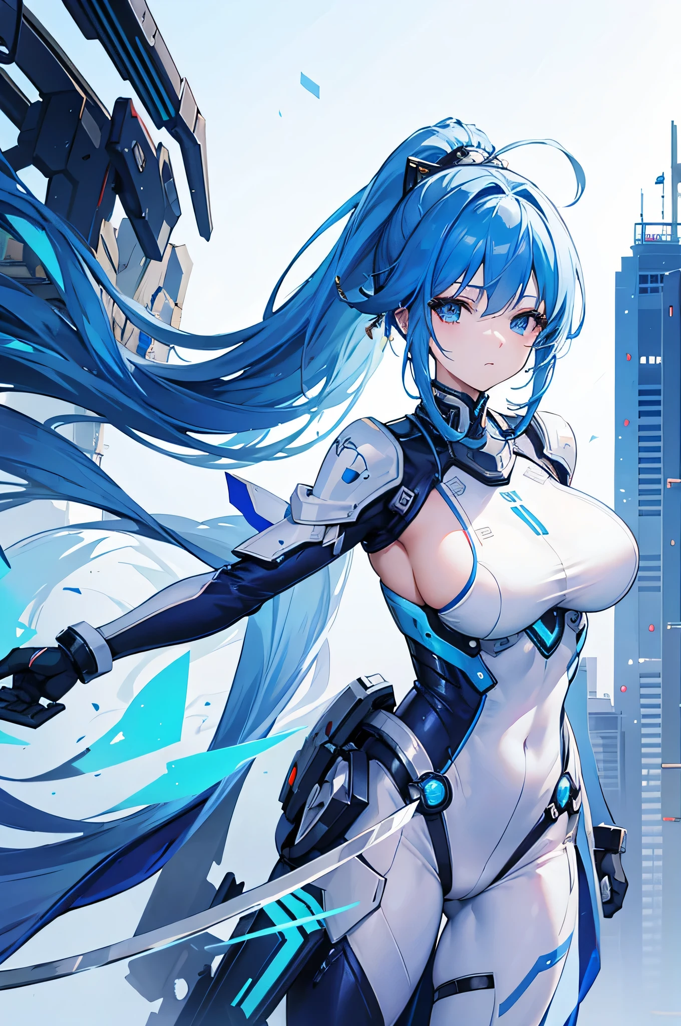 4K,High resolution,one woman,blue hair,long ponytail,big breasts,white tight mechanical suit,side boob,Mechanical visor,Japanese sword,city of the future,daytime sky