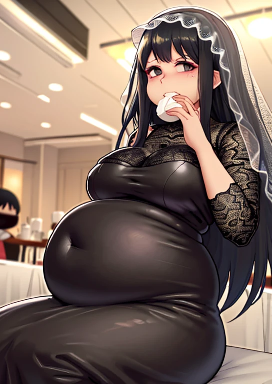fat, big belly, chubby, osaragi, chubby, black lace dress, black veil, eating cream in a restaurant