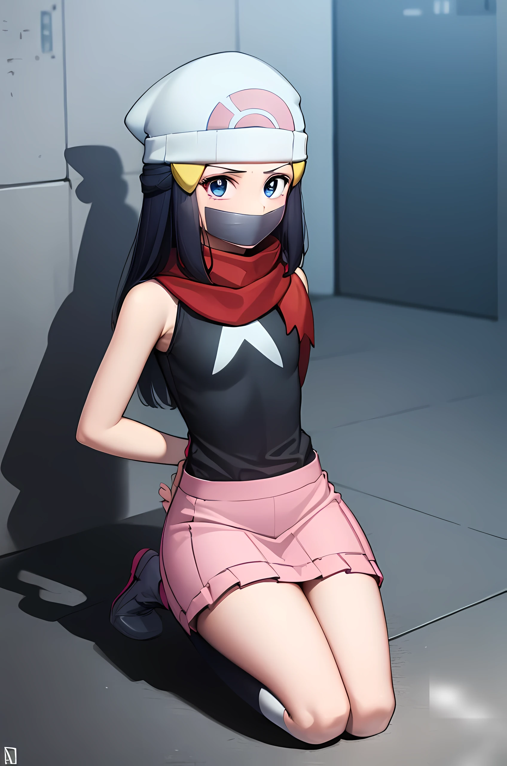 pokemondawn, pokemon dawn, black hair, blue eyes, sidelocks, long hair, (small breasts:1.2),
BREAK bare shoulders, beanie, black shirt, black socks, bracelet, hat, jewelry, kneehighs, miniskirt, pink skirt, red scarf, scarf, shirt, skirt, sleeveless, sleeveless shirt, white headwear,
BREAK looking at viewer, (full body:1.2), upper body,
BREAK outdoors, city, sky,
BREAK (masterpiece:1.2), best quality, high resolution, unity 8k wallpaper, (illustration:0.8), (beautiful detailed eyes:1.6), extremely detailed face, perfect lighting, extremely detailed CG, (perfect hands, perfect anatomy), gagged, tape gag, tape on the mouth, tied, tied up, kidnapped, secured