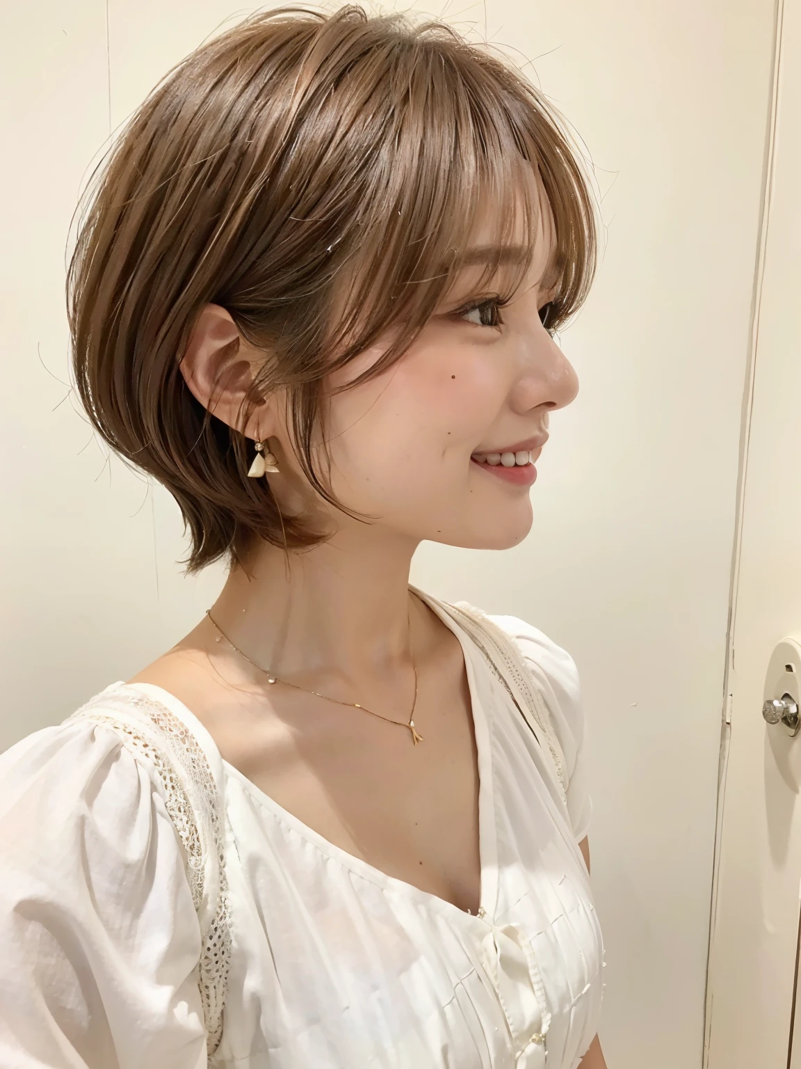 (highest quality、8K、32K、masterpiece、nffsw:1.2)、Photo of beautiful Japan woman、very short bobbed hair、Upper body、necklace、shot from above、Don&#39;don&#39;t look at the audience、(realistic、Photoreal:1.37)、1 girl、Shot in natural light、Physically based rendering、excellent image quality、High resolution、1080P、(Detailed facial description)、(Detailed explanation of hands)、(Detailed CG)、Rich details、(exquisite features)、(best image quality)、(masterpiece)、(fine eyes)、delicate clavicle、Versatile poses、profile、white wall、Taken in front of the white door、(窓のあるwhite wallの部屋)、earrings、laughter、Spring clothes、 shortcut、short hair、((white blouse))、((highlights hair))、((Put a mesh in the hair))、((blonde and dark brown hair colors))