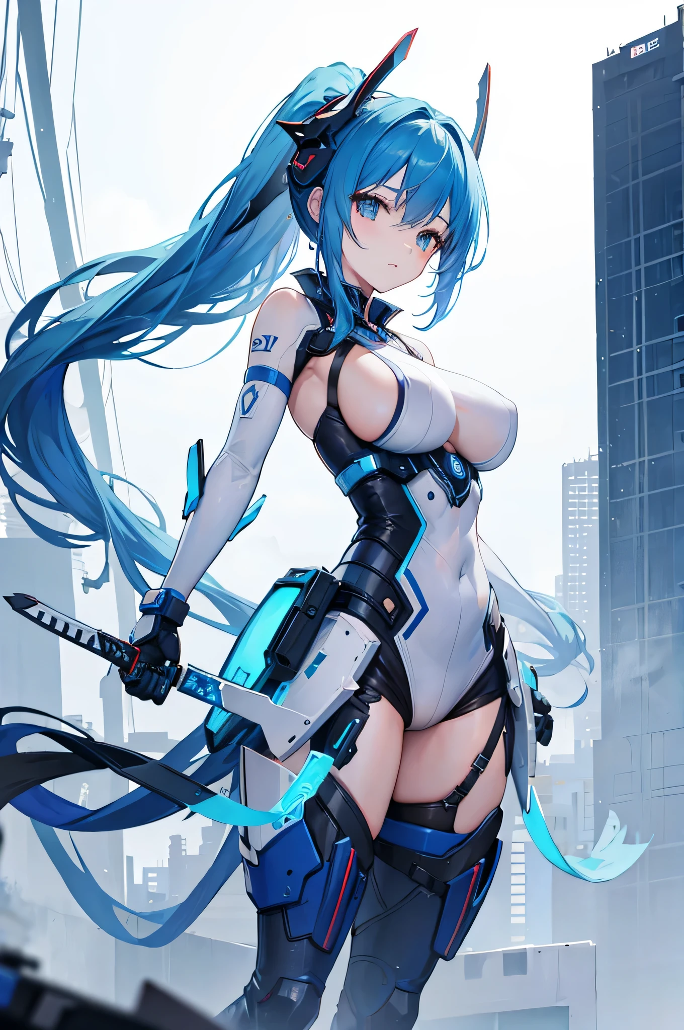 4k,High resolution,one woman,blue hair,long hair,big breasts,Princess,White light blue tight cyber suit,Princessのドレス,jewelry embellishments,Princessのティアラ,city of the future