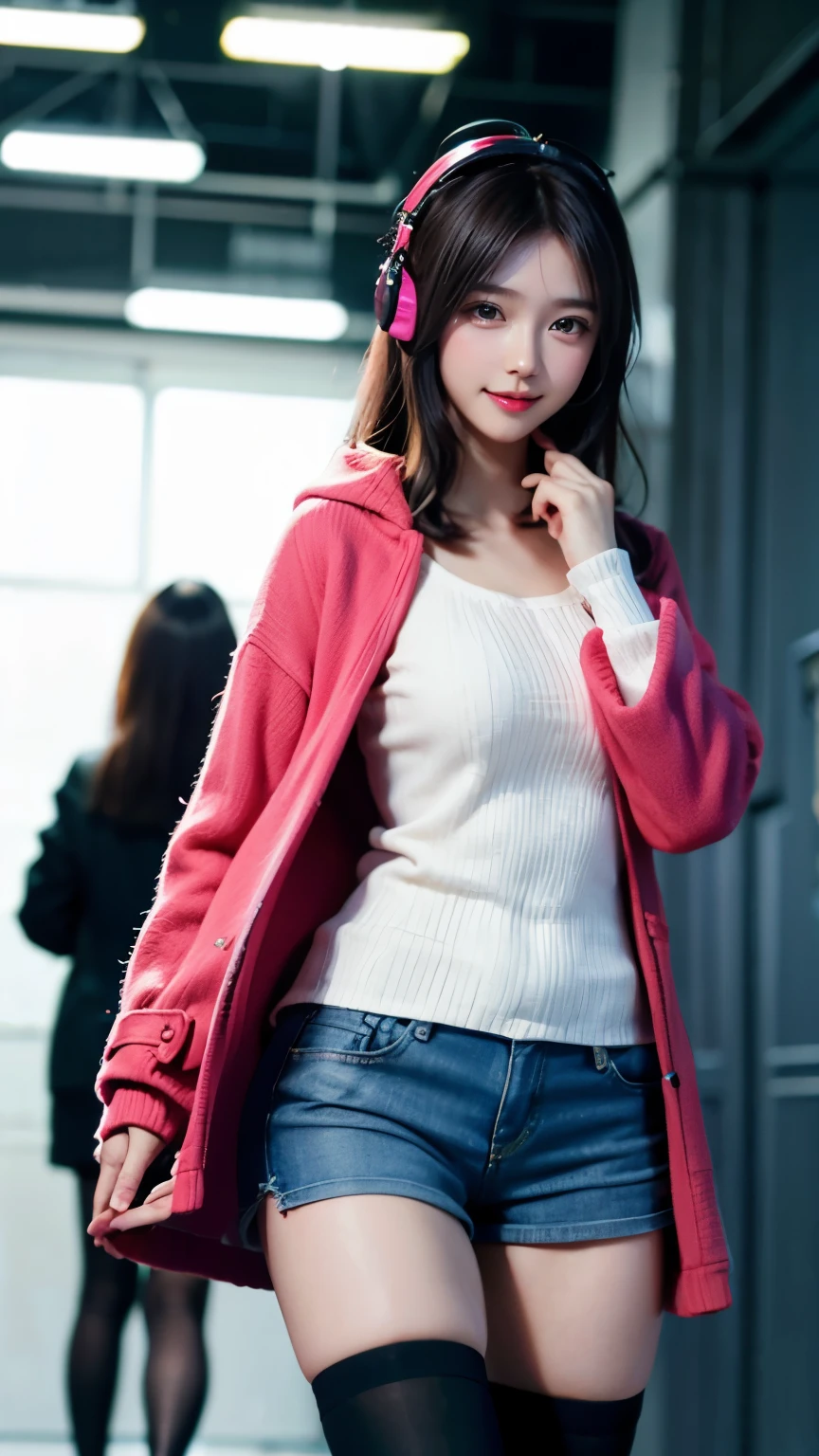 Carrot、Supermodel、Perfect build、Muchimuchi、Three girls are looking at the viewer、 3 girls、、Thighhighs、beautiful feet、hot pants、coat、cyber punk、headphone、gentle smile、Seen by girls from below、Innocent face