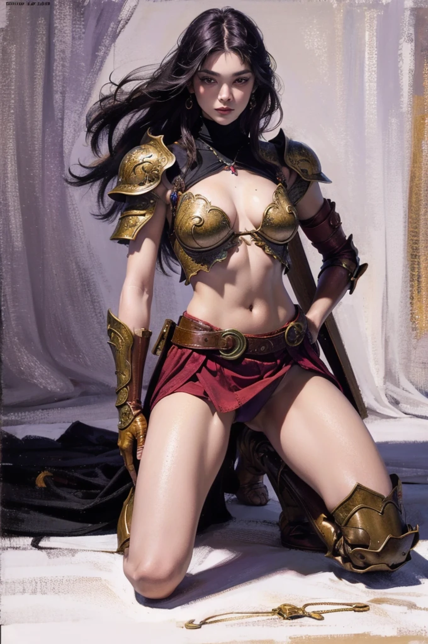 Red warrior, long hair, detailed, 1 girl, beautiful, 8k, artwork, ultra realistic, medieval fantasy, armor, steel breastplate, steel gauntlets, steel gloves, kneeling, from behind, bending, leaning, steel boots, short skirt, red skirt, back, white panties, thong, thong panties, panties appearing, view from below, cupskirt, ameltoe, nsfw, pantyshot, RAW, very hot sexy girl, naked, exposed, vibrant, 18 years old, Full-body shot, ((sexy lips)), beautiful black eyes, small breast, ((purple long hair)), detailed collarbones, and chest, smooth skin, sparkling pupils, feminine allure, oil painted, eye-catching composition, digital painting, detailed digital painting, concept art, detailed painting, painterly illustration, nice contrast, very detailed digital painting, glow light, freckles at cheeks, exposed nipples, NSFW, ((tanned body skin)), white breast
