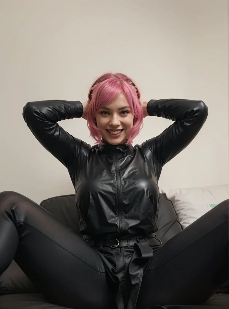 German, smile, huge breasts, open mouth, latex, neon pink hair