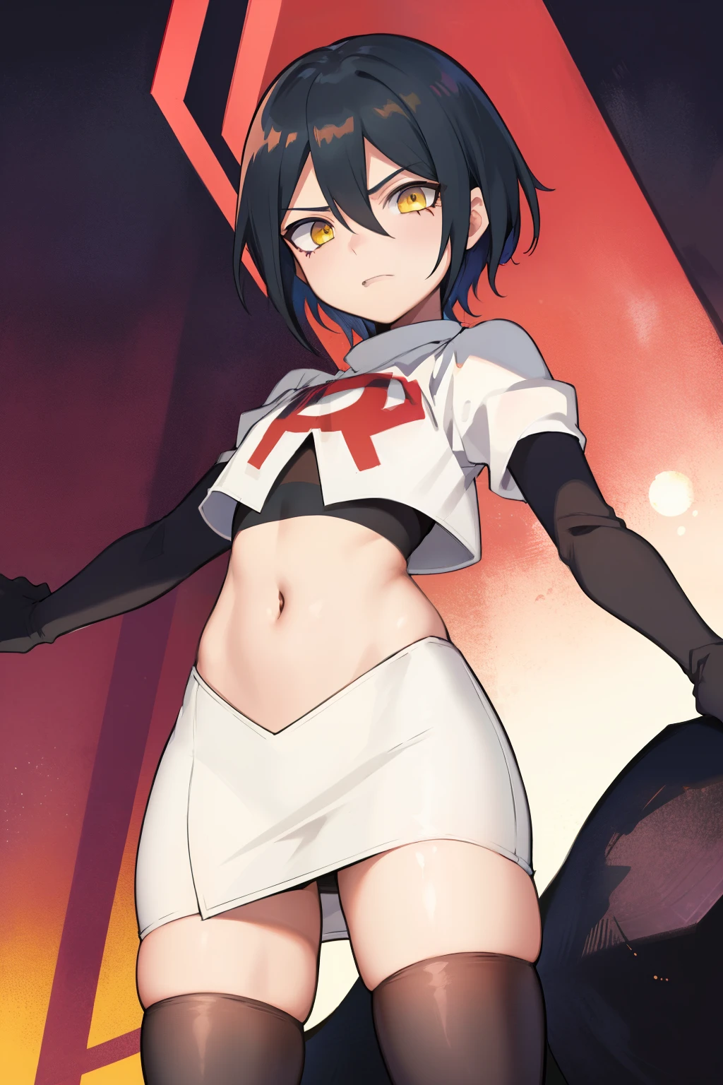 absurdres, cowboy shot, solo, male focus, trap, 1boy, crossdressing,1boy, saihara shuichi, yellow eyes,looking at viewer, team rocket,team rocket uniform,white skirt,red letter R,crop top,black thigh-highs,black elbow gloves