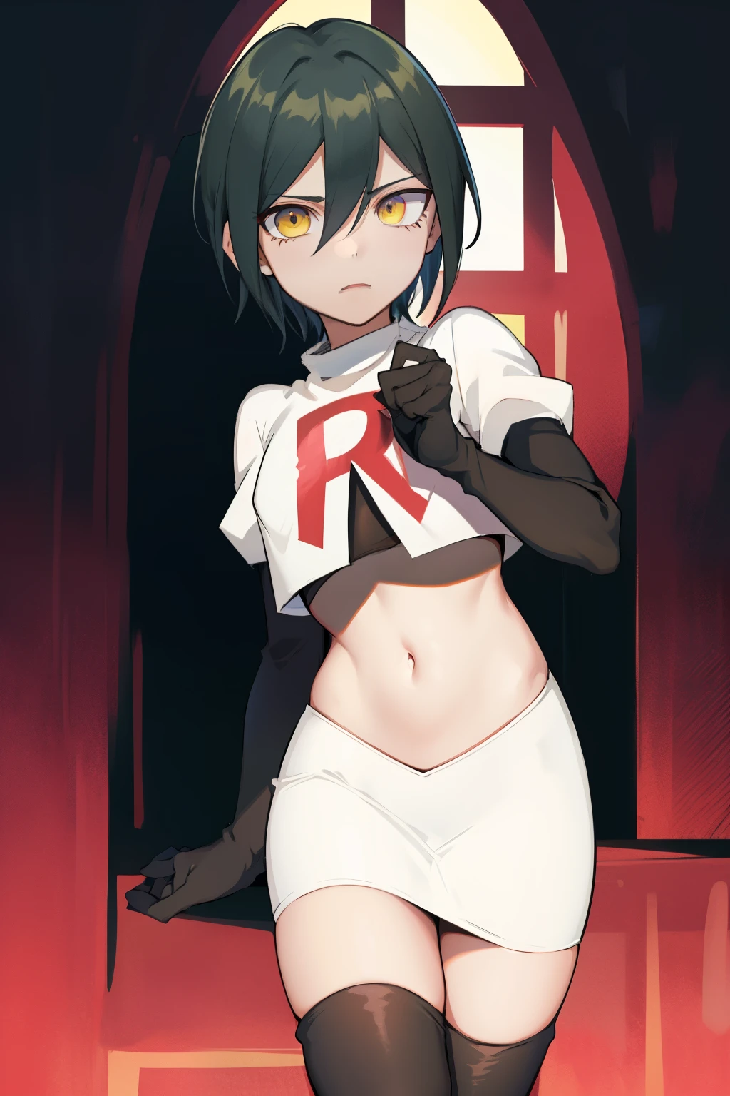 absurdres, cowboy shot, solo, male focus, trap, 1boy, crossdressing,1boy, saihara shuichi, yellow eyes,looking at viewer, team rocket,team rocket uniform,white skirt,red letter R,crop top,black thigh-highs,black elbow gloves