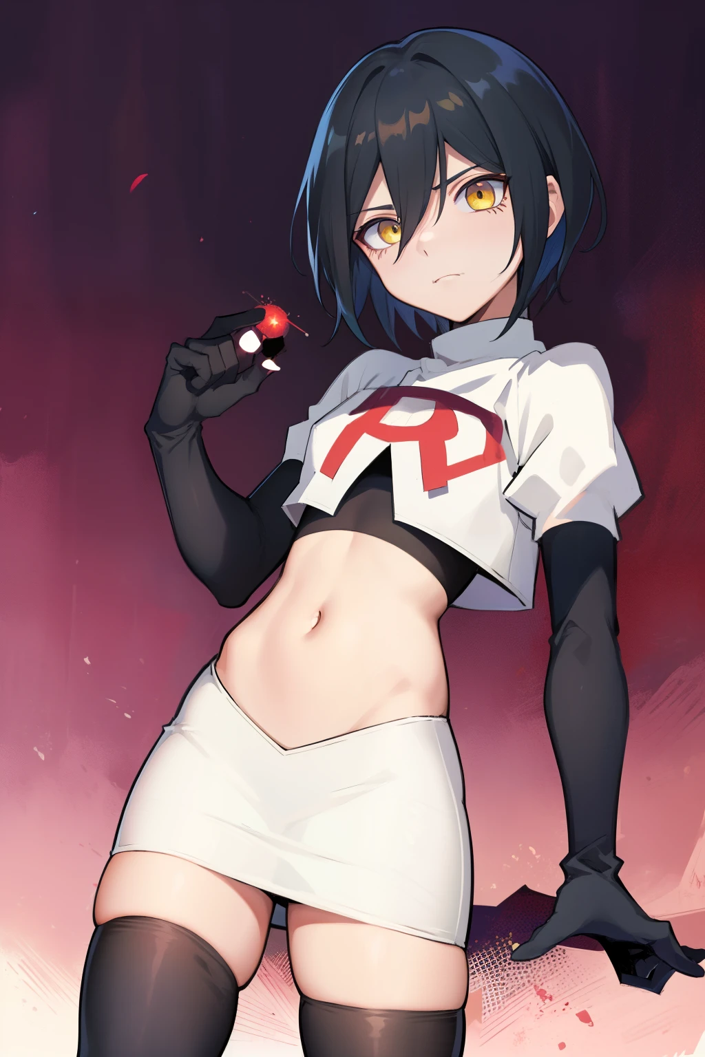 absurdres, cowboy shot, solo, male focus, trap, 1boy, crossdressing,1boy, saihara shuichi, yellow eyes,looking at viewer, team rocket,team rocket uniform,white skirt,red letter R,crop top,black thigh-highs,black elbow gloves
