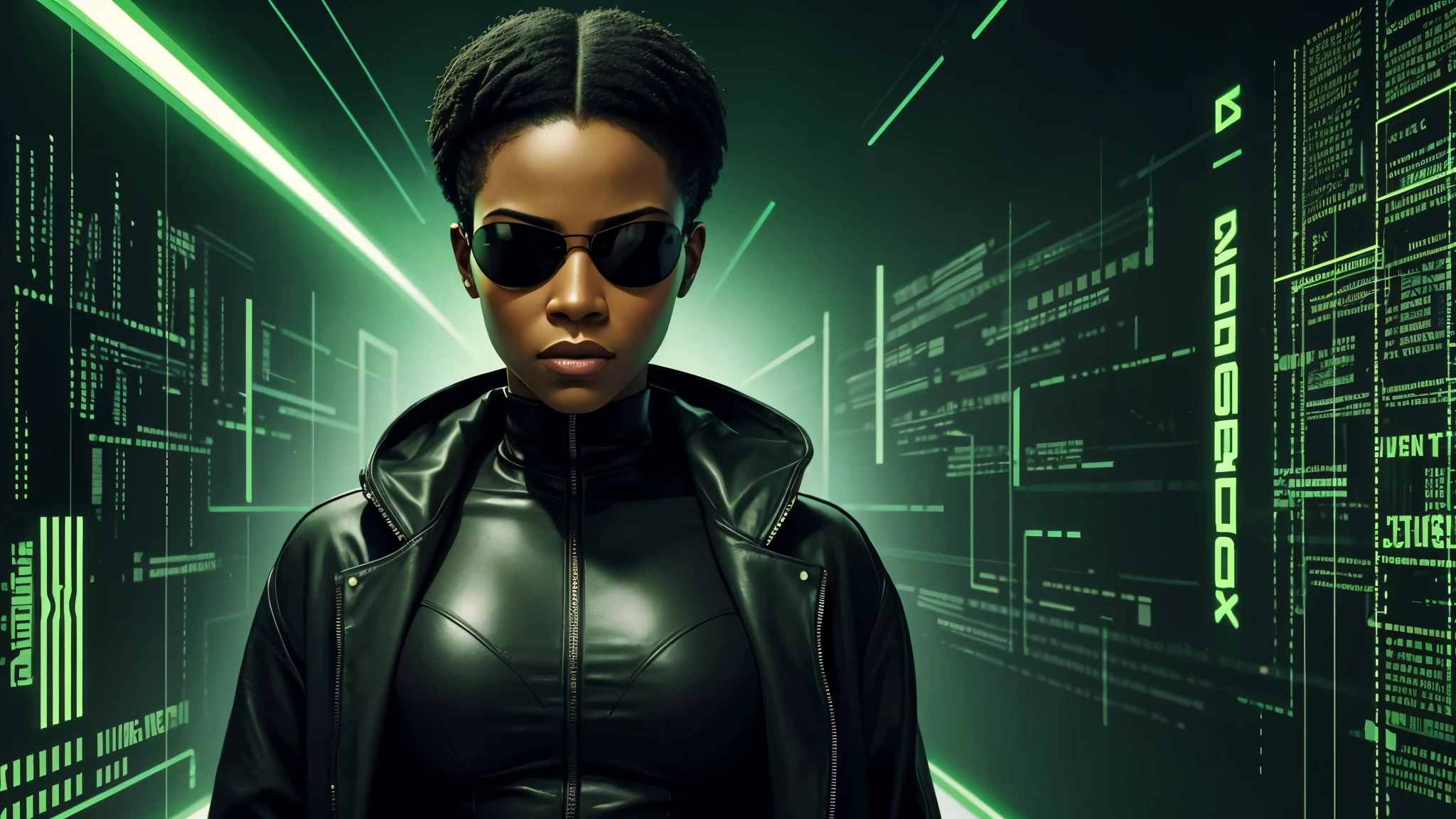 African American woman with sunglasses, in the matrix, digital art, matrix green screen in background, cinematic