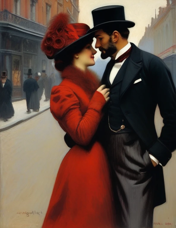 ((meilleure qualité)); visage parfait; Au 19 ème siècle, 1888; couple qui s'embrassent; femme chapeau noire, une longue veste noire garnie de fourrure, une rose rouge et des fougères accrochées à sa veste, longue jupe noire, des bottines, un foulard de soie à carreaux noué autour du cou; homme élégant; costume victorien; rue de Whitechapel; Londres; rue de nuit; scene de vie; photographie; cinématographique; hyper réaliste; 4k;