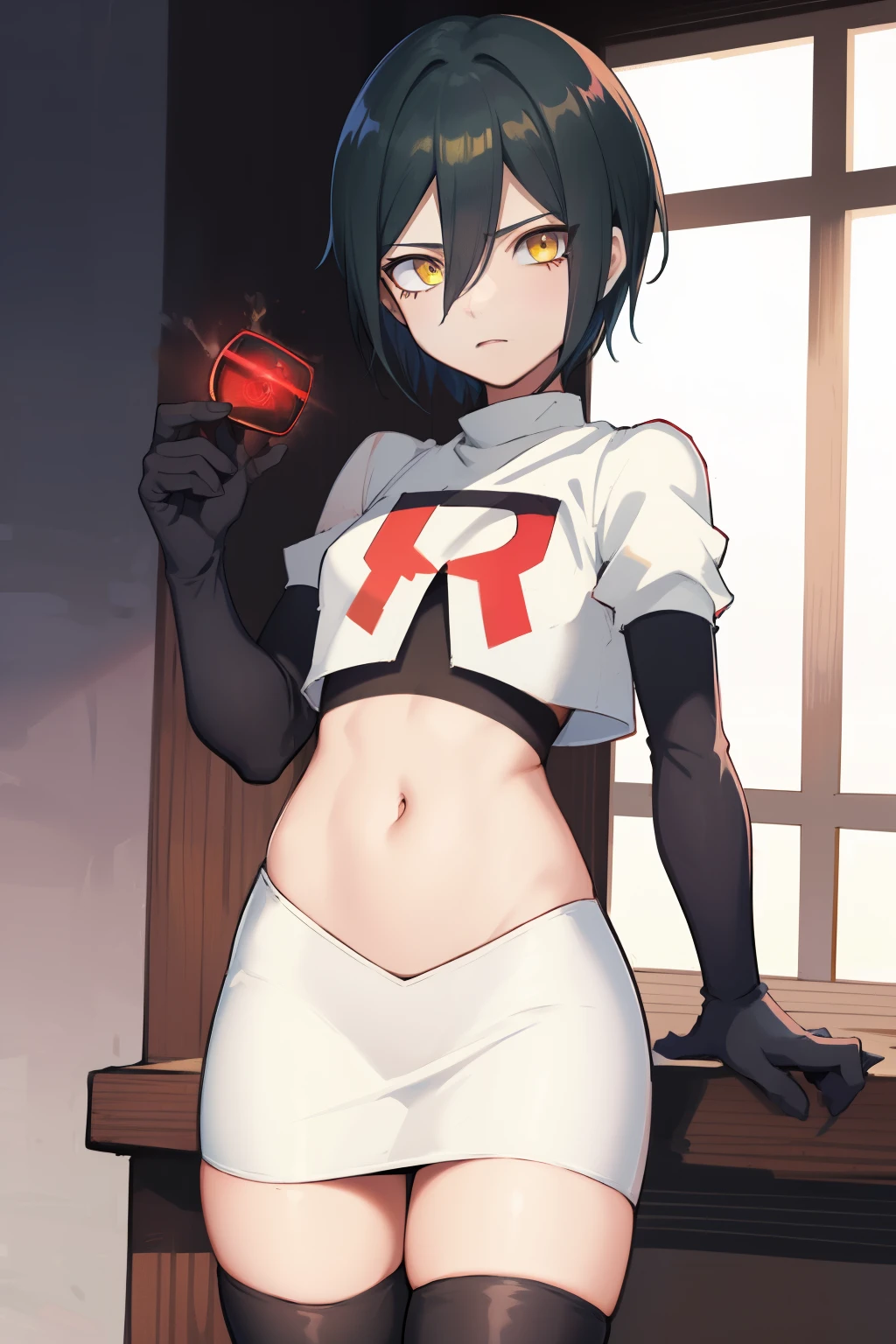 absurdres, cowboy shot, solo, male focus, trap, 1boy, crossdressing,1boy, saihara shuichi, yellow eyes,looking at viewer, team rocket,team rocket uniform,white skirt,red letter R,crop top,black thigh-highs,black elbow gloves