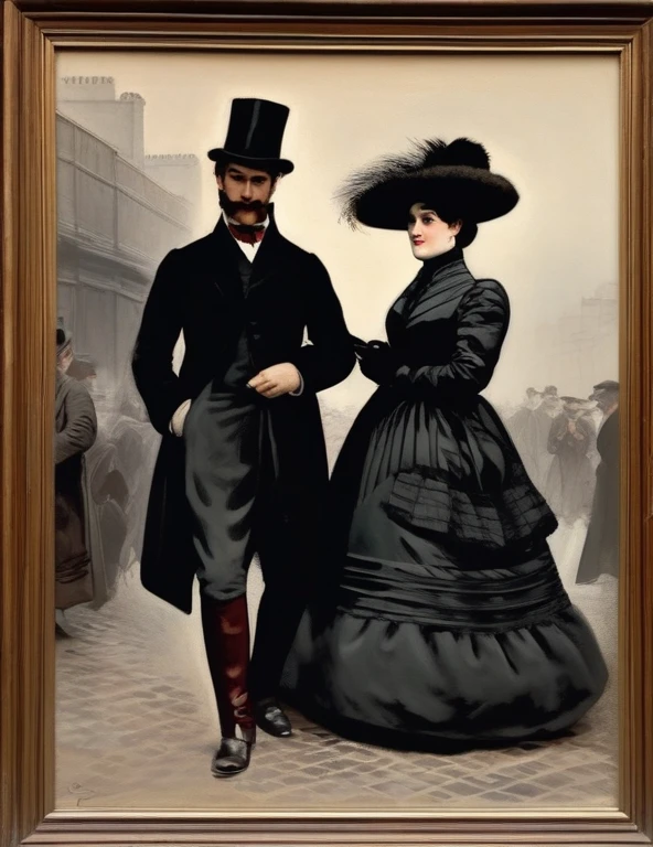 ((meilleure qualité)); visage parfait; Au 19 ème siècle, 1888; couple qui s'embrassent; femme chapeau noire, une longue veste noire garnie de fourrure, une rose rouge et des fougères accrochées à sa veste, longue jupe noire, des bottines, un foulard de soie à carreaux noué autour du cou; homme élégant; costume victorien; rue de Whitechapel; Londres; nuit; obscure; scene de vie; photographie; cinématographique; hyper réaliste; 4k;