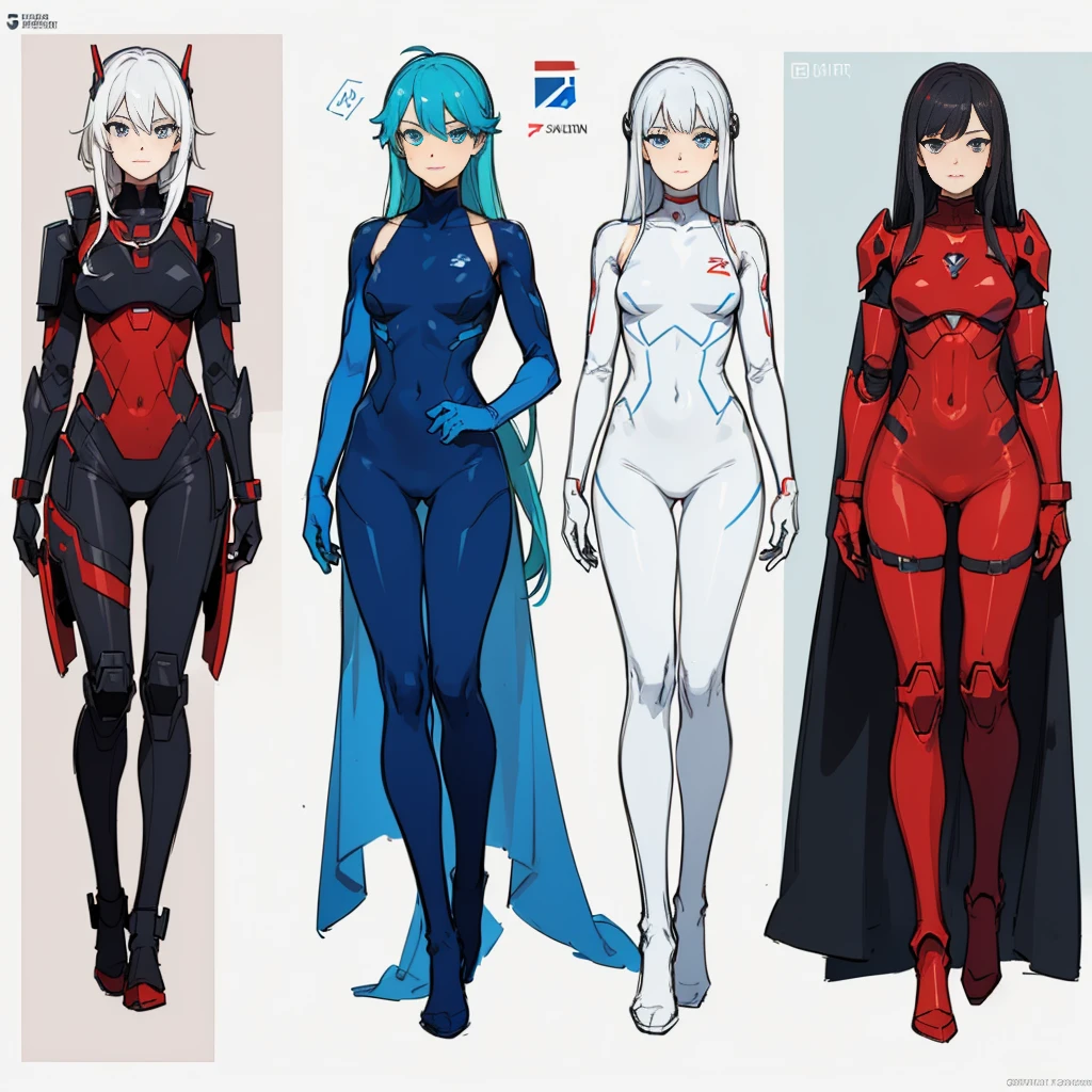 (((full body photo))), red blue and white color, femboy wearing a lightly armoured body suit, sci-fi themes, chest armour, gundam, best quality, arte oficial, Sketch line diagram, eye blue, front view, back view, and side view of character, long hair