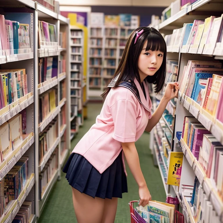 Inside the large library。There are a lot of adult DVDs and adult magazines on the bookshelf.。A young Japanese female clerk in a sailor suit sits on a pink mattress in the aisle.。The sailor suit opens in the front and exposes the breasts.。Panties and thighs exposed from very short skirt。Disinfectant and towels are available。