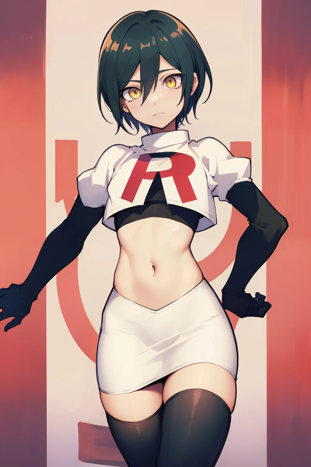 absurdres, cowboy shot, solo, male focus, trap, 1boy, crossdressing,1boy, saihara shuichi, yellow eyes,looking at viewer, team rocket,team rocket uniform,white skirt,red letter R,crop top,black thigh-highs,black elbow gloves