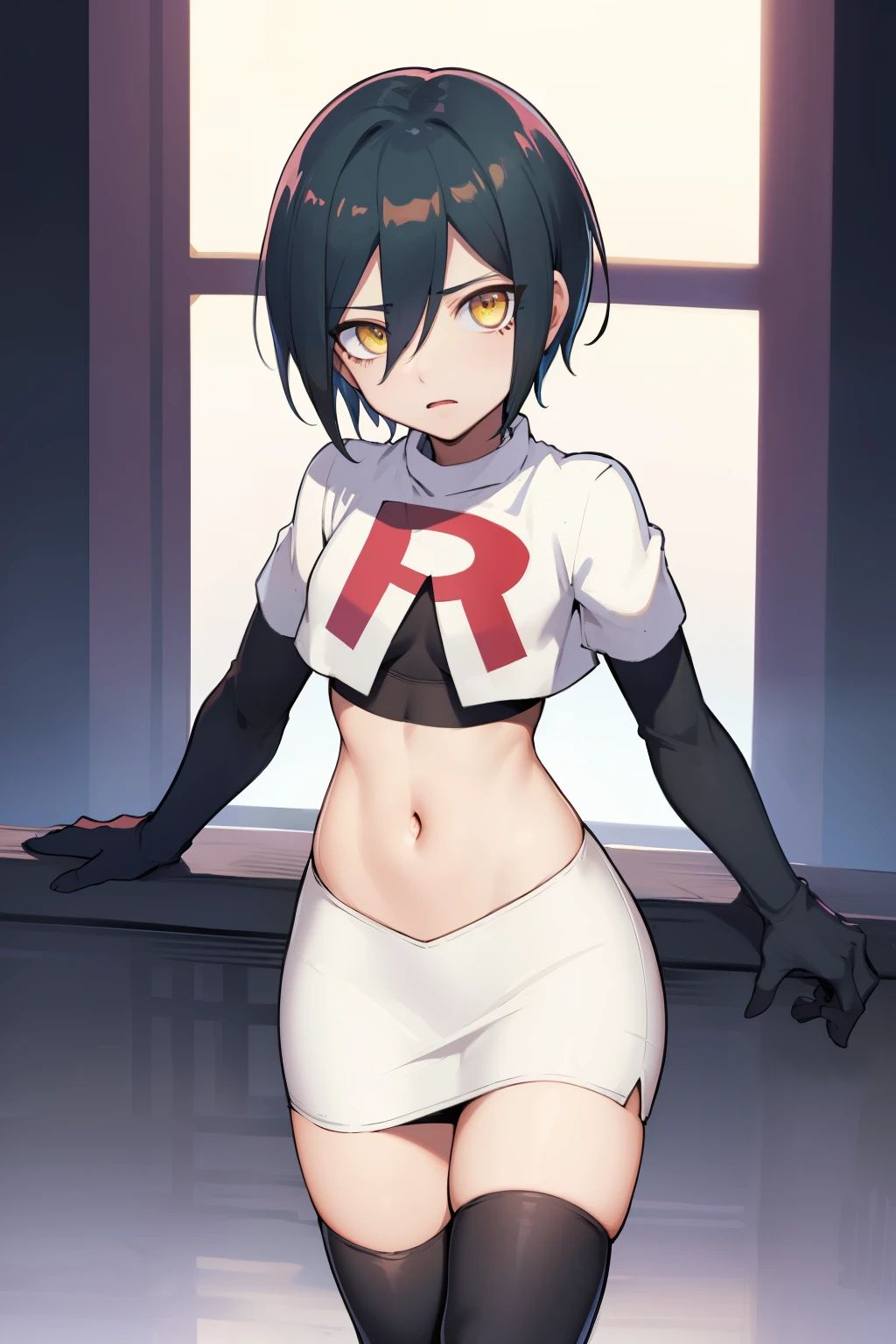 absurdres, cowboy shot, solo, male focus, trap, 1boy, crossdressing,1boy, saihara shuichi, yellow eyes,looking at viewer, team rocket,team rocket uniform,white skirt,red letter R,crop top,black thigh-highs,black elbow gloves