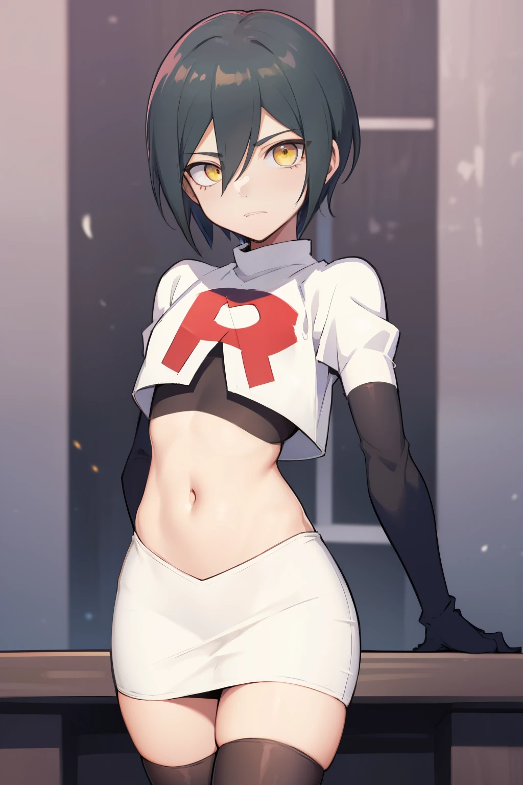 absurdres, cowboy shot, solo, male focus, trap, 1boy, crossdressing,1boy, saihara shuichi, yellow eyes,looking at viewer, team rocket,team rocket uniform,white skirt,red letter R,crop top,black thigh-highs,black elbow gloves