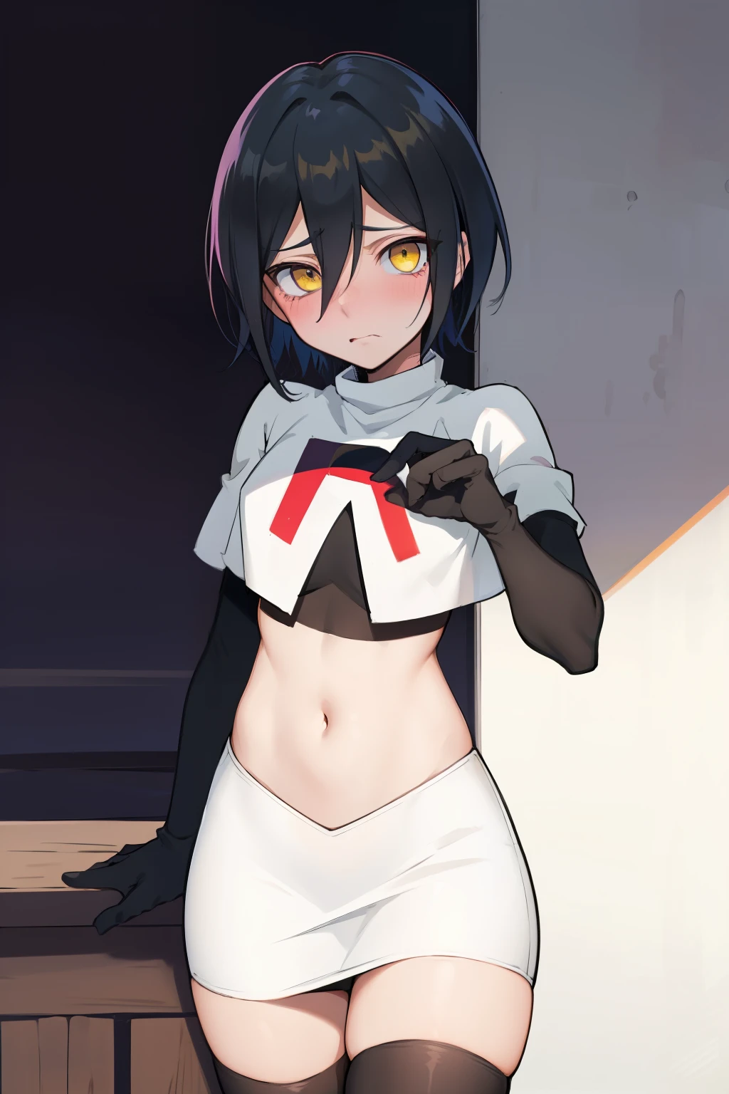 absurdres, cowboy shot, solo, male focus, trap, 1boy, crossdressing,1boy, saihara shuichi, yellow eyes,looking at viewer, team rocket,team rocket uniform,white skirt,red letter R,crop top,black thigh-highs,black elbow gloves, embarrassed, blush