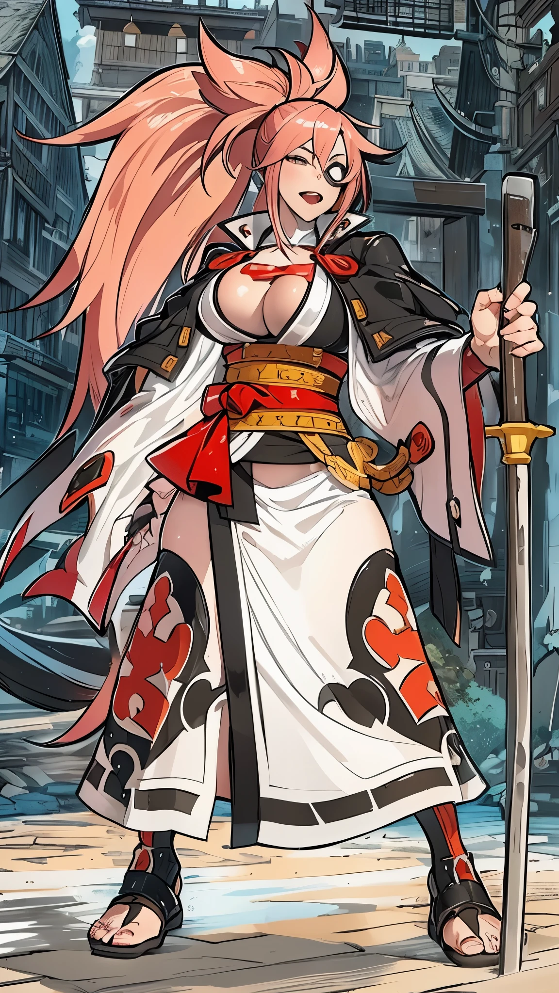 masterpiece:1.2, ((Guilty Gear: Strive game)), ((Baiken character)), 1women, (best quality), (real picture, intricate details, depth of field), make up, parted lips, highly-detailed, perfect face, (huge breasts:1.8), (skindentation), attractive waist, tall, glossy coral lips, moderate musculature, toned abdomen, beautiful navel, (extra long high pink ponytail :1.2), (white ribbon in hair), (beautiful bright pink color eyes), face ornament, sexy, (in only underwear), ((women's fundoshi)), ((white female fundoshi)), (blushing, drunk), sleepy expression, peaceful atmosphere, disproportional tits, hanging breasts,
(the left eye is closed, eye patch on the left eye), (the left hand is missing, the left hand is hidden),