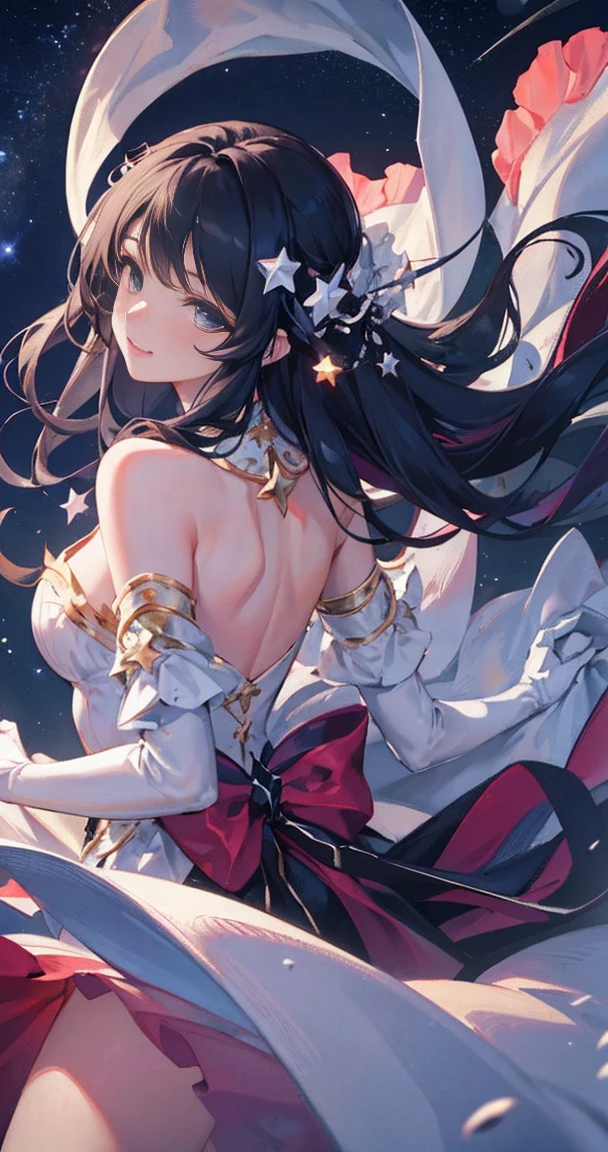 ((best qualityer)), ((work of art)), (detailded), (1 girl), (アニメ), brown curly hair, white gown,  (dancing on the air), (long veil over the shoulders), (long  hair), (Loose in the air),  (falling cherry leaves), (animation), looking slightly at the ground to the left, gorgeous eyes