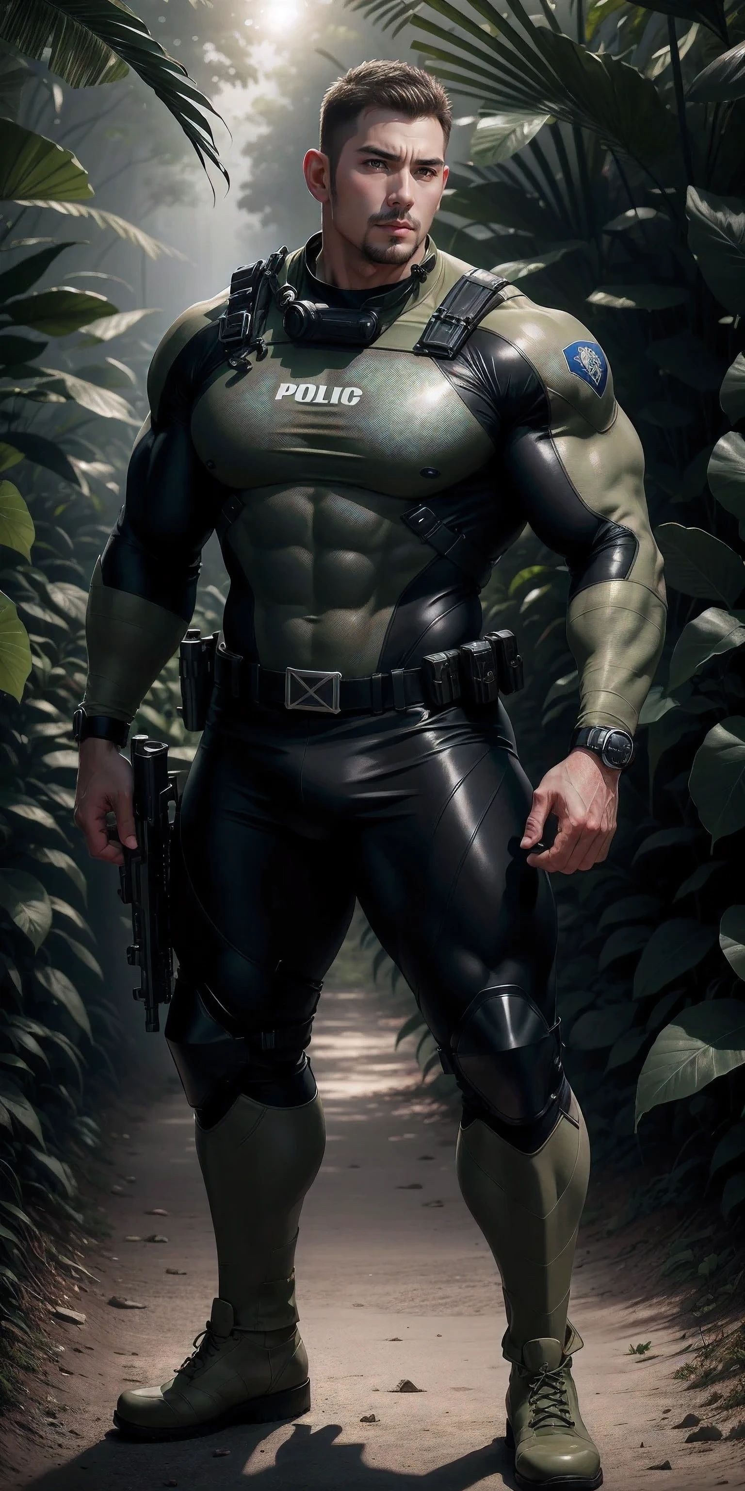 High, huge, muscular police officer with his mouth open and screaming..,Khaki camouflage uniform,character idea(Resident Evil - chris redfield,chris redfield)senior police officer,Wearing a khaki camouflage wetsuit,Matte texture,regular symmetrical texture pattern,Standing in the dark sugar cane jungle, The body is wrapped in thick rattan,sad expression,Deep and charming eyes,Emerald Pupil Hero,heroic male pose,高大burly,muscular!Charming leg muscles,High, burly, Heqiang, Wearing a khaki camouflage wetsuit, Super gain and cool, high resolution committee, Big feet in black boots,Charming strong man,The bright sunshine is shining on you,matte particles,shiny texture