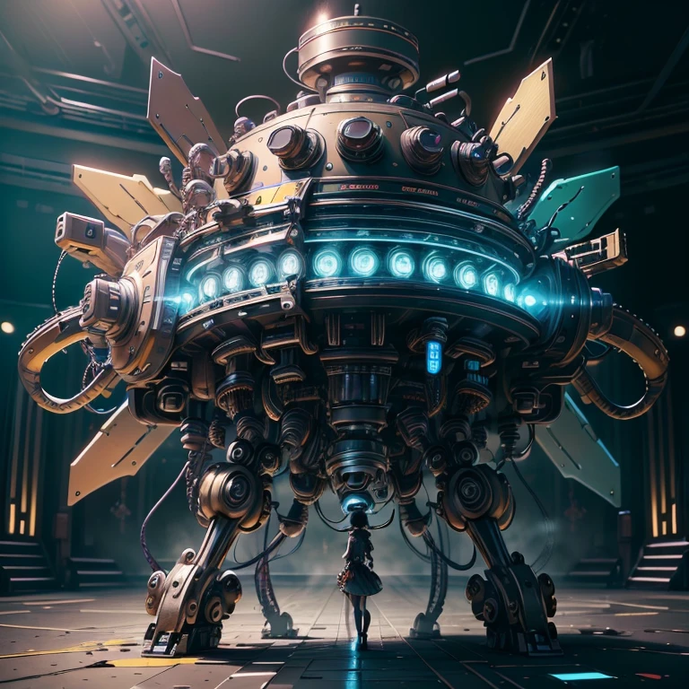 ((masterpiece, highest quality)),figure,Ultra detailed 8k,realistic,sharp focus,very detailed,professional lighting,colorful details,Rainbow color breaking factory extreme long shot,large mechanical robot structure,microchip,computer,shine,intricate details,Shitsumeka,1girl is standing in front of the audience,belly button 