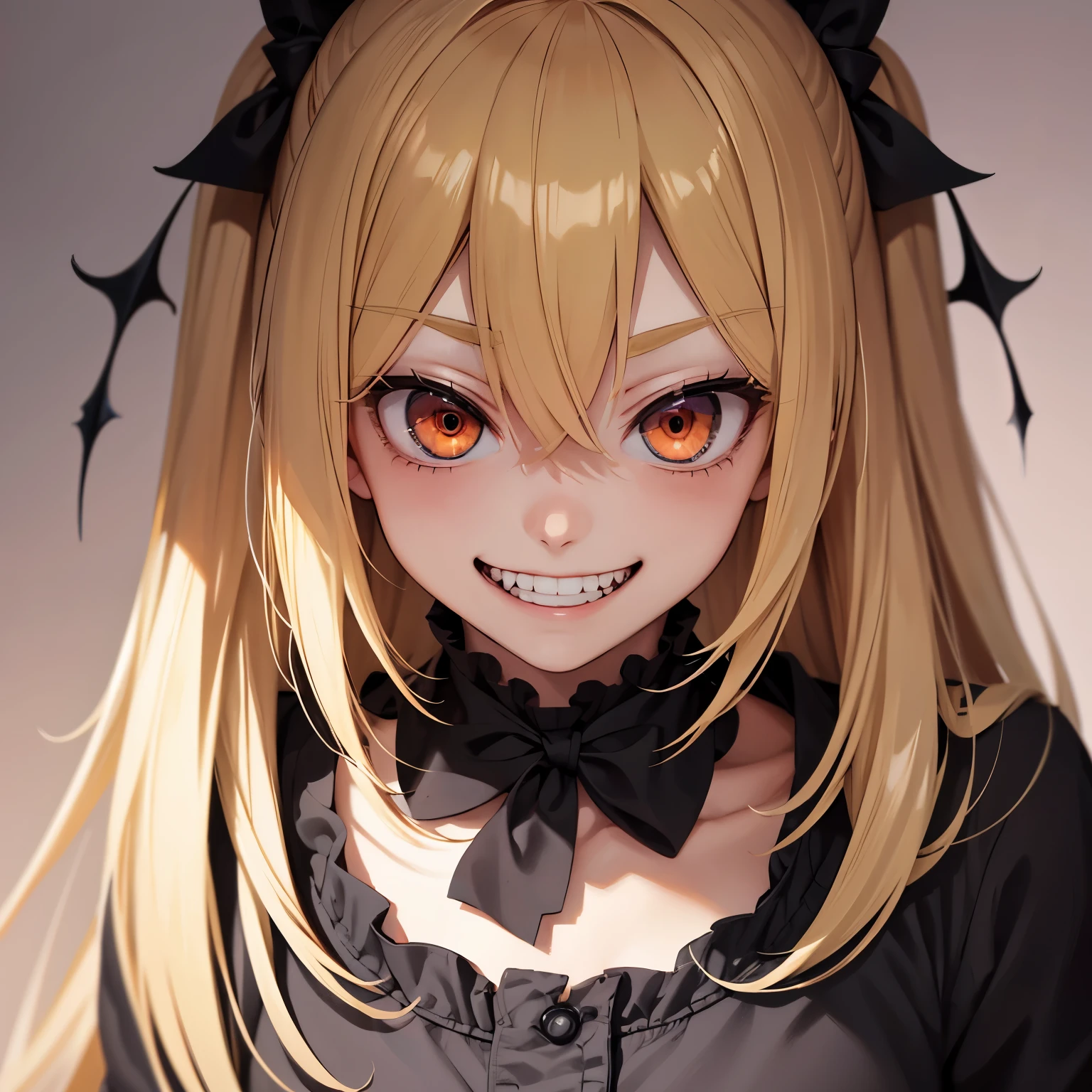 masterpiece, top quality, best quality, 1girl, Toga, (fangs), (unusual pupils), (smile), messy hair, (spikey choker), crazy blushing,