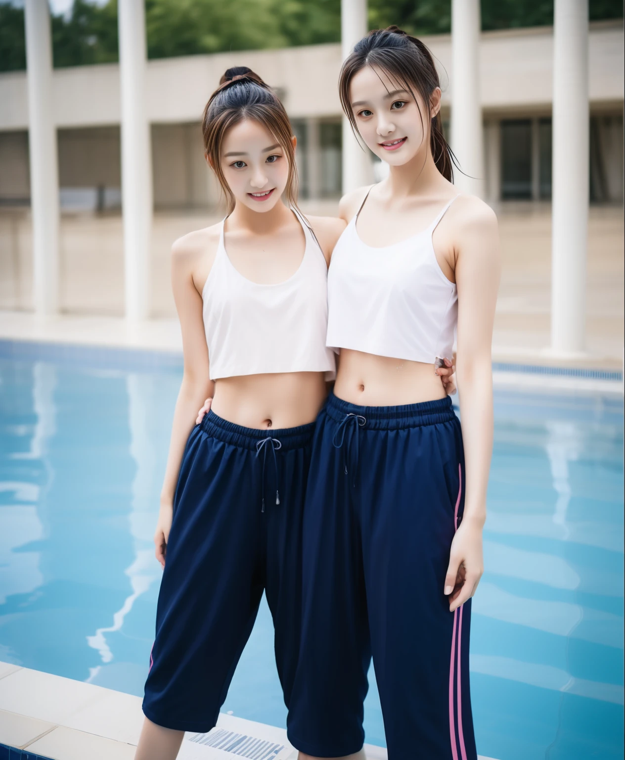 3 girls in the swimming pool, black underwear,Navy Long Trackpant,Sweatpants, Sweatpantsขายาว,25 year old girl, lesbian, sexy, exercise clothes, wet body