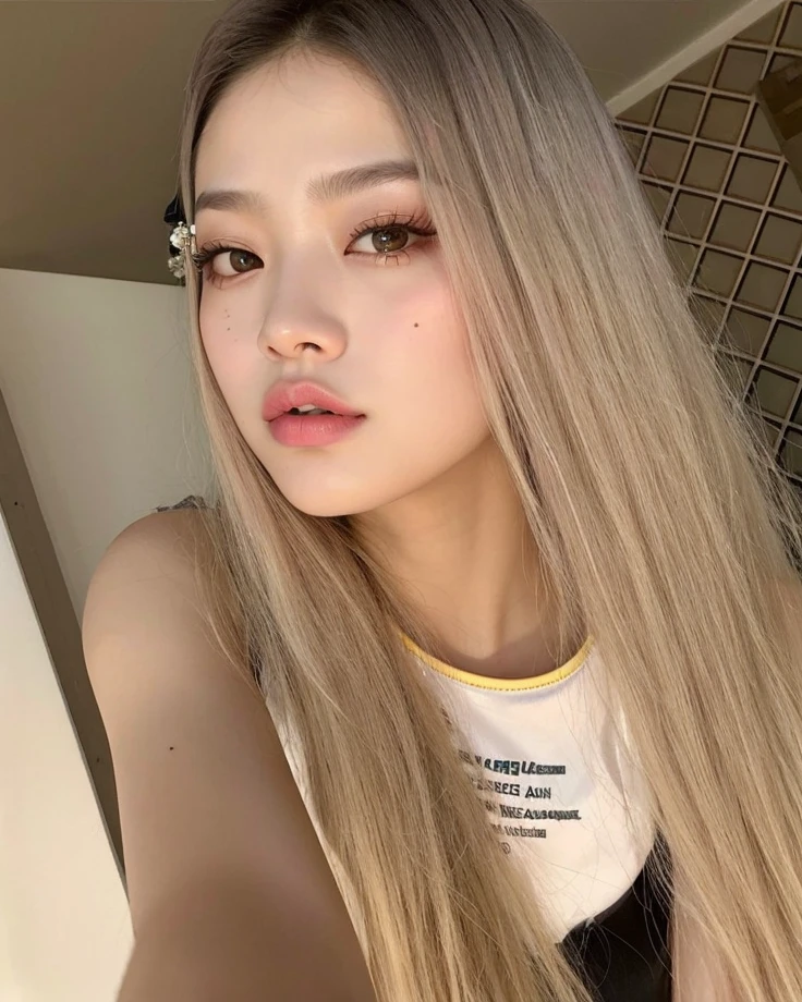 um close up de uma mulher com longos cabelos loiros e uma camisa branca, parque roseanne de blackpink, Lalisa Manobal, jossi do blackpink, Lalisa Manoban do Blackpink, jennie blackpink, portrait of jossi do blackpink, adorable and pale korean face, maquiagem sul-coreana popular, jaeyeon nam, coreana, maquiagem coreana popular, Ulzzang