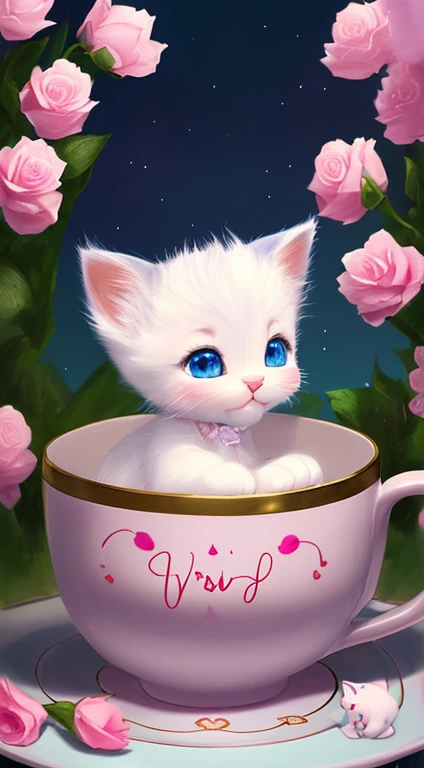kitten with a small tail, small nose, small ears, blue eyes, The background is pink, flowers, vase, dream, open your mouth, smile, caroline chariot diez pastel, tumbler, furry art, erotic kitty, disney bambi cat, disney stylized fur, ears float, fluffy tail, fluffy '', fluffy !!!, High resolution, furry art!!! moon, Small in size