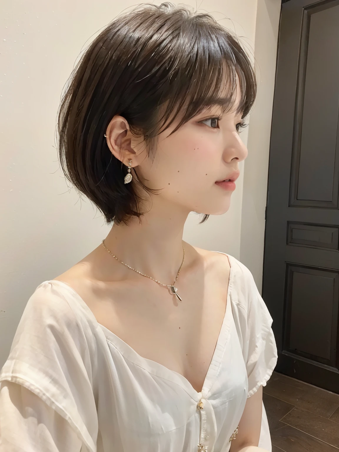 (highest quality、8K、32K、masterpiece、nffsw:1.2)、Photo of beautiful Japan woman、very short bobbed hair、Upper body、necklace、shot from above、Don&#39;don&#39;t look at the audience、(realistic、Photoreal:1.37)、1 girl、Shot in natural light、Physically based rendering、excellent image quality、High resolution、1080P、(Detailed facial description)、(Detailed explanation of hands)、(Detailed CG)、Rich details、(exquisite features)、(best image quality)、(masterpiece)、(fine eyes)、delicate clavicle、Versatile poses、profile、white wall、Taken in front of the white door、(窓のあるwhite wallの部屋)、earrings、laughter、Spring clothes、 shortcut、short hair、((white blouse))