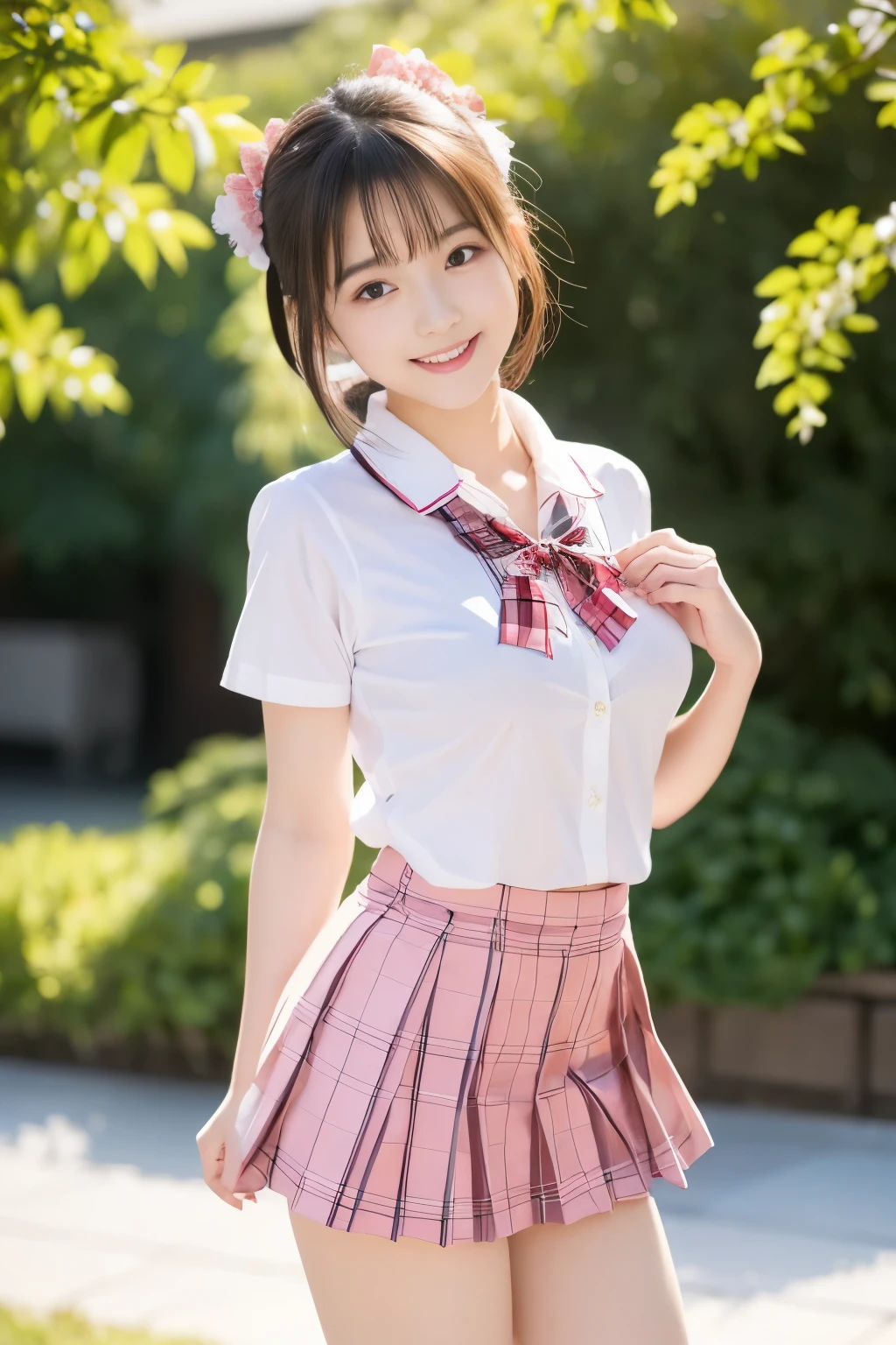 (((masterpiece，8K,highest quality, very detailed, )))，full body display，An empty classroom，Alone，sit on a chair，(one beautiful japanese girl, innocence，cute) ，ultra high resolution, realistic, Super detailed, slender body shape，(detailed face:1.3), (fluffy short hair:1.37), (baby face，cute系，10 year old beautiful girl), (perfect body:1.1),  ((Japanese high school uniform with the school emblem on the chest、white shirt，Pink Neck Ribbon，Pink plaid skirt))，innocent smile，rosy cheeks，超detailed face、detailed lips、small gravure idol，transparent skin、beautiful skin，lolita，realistic:1.37，no makeup，happy atmosphere，pastel color palette，fun，date，happy，I feel excited，Natural Lighting，natural lip，cuteポーズ