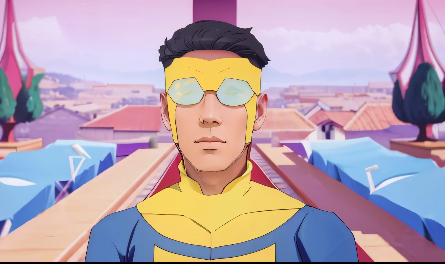 obra de arte, melhor qualidade, (high resolution:1.2), altamente detalhado ,( pele detalhada:1.1), realista, analog photography, (tronco:1.1), Mark, Hero, traje azul e amarelo, cabelo preto, musculoso, tiro em hasselblad X1D II, textura fina, Smooth color gradations, ao ar livre, Cloudy Flat Lighting,