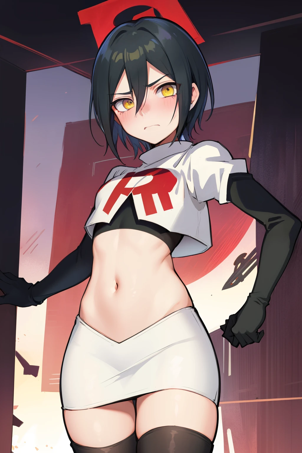 absurdres, cowboy shot, solo, male focus, trap, 1boy, crossdressing,1boy, saihara shuichi, yellow eyes,looking at viewer, team rocket,team rocket uniform,white skirt,red letter R,crop top,black thigh-highs,black elbow gloves, embarrassed, blush