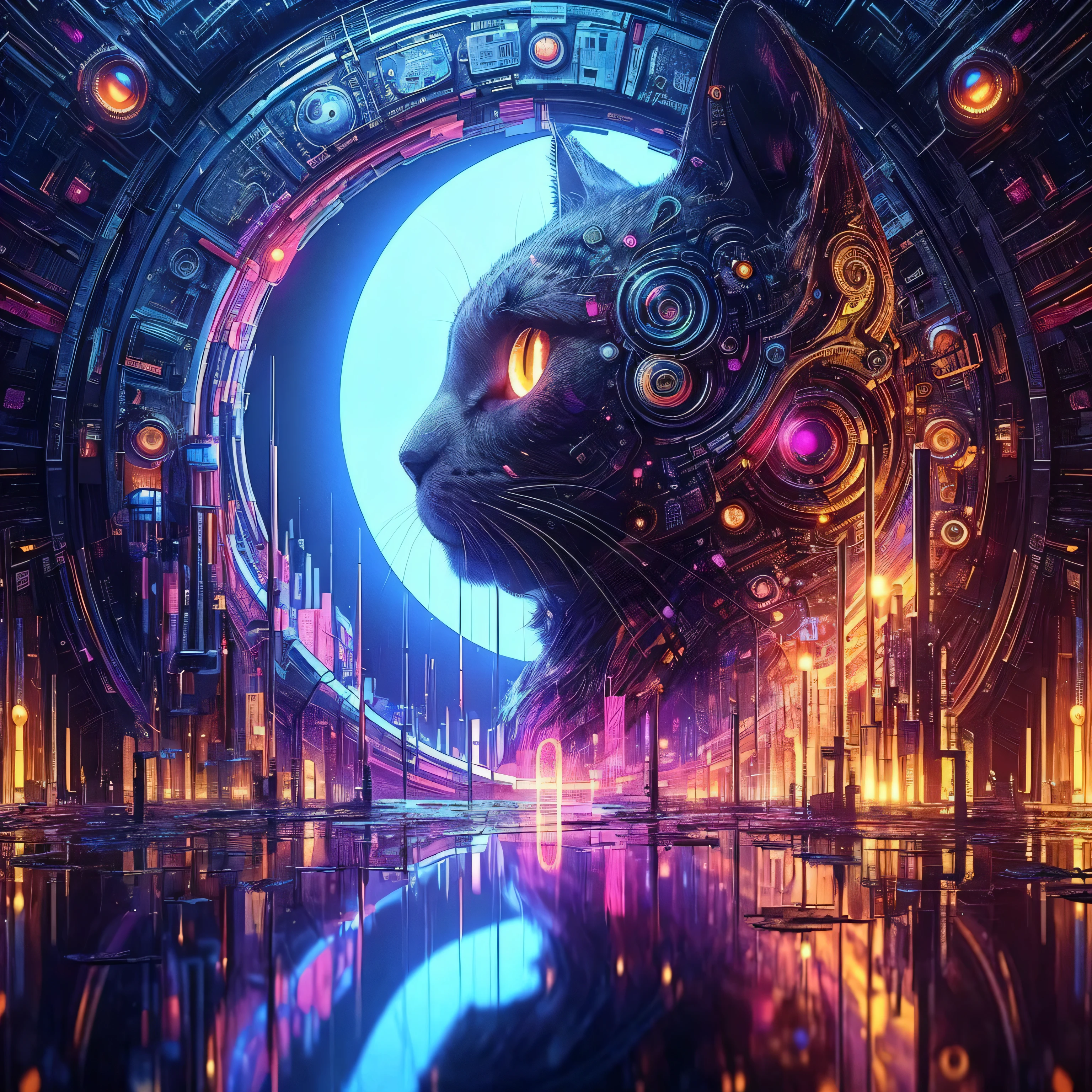 Cat close-up'I'm in a futuristic tunnel, 4K high definition digital art, 4k detailed digital art, cyberpunk cat, Beepleのスタイルハイブリッドミックス, Digital artwork 4K, highly detailed digital art, by Mike "Beeple" Winkelmann, beautiful digital artwork, Beeple風に, Amazing artwork in 8K