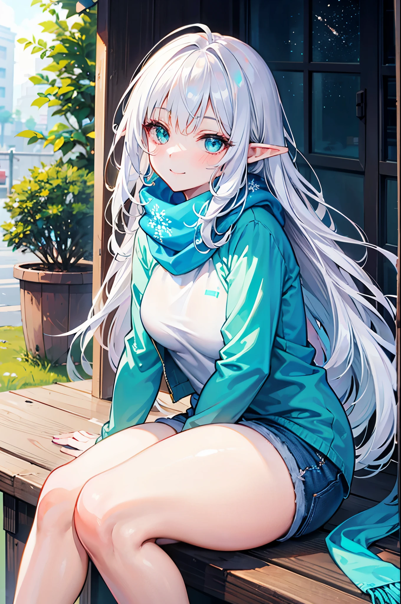 realistic image, coherent image, detailed image, 1 beautiful elf, She has white hair, long hair, turquoise eyes, her face is oval and delicate, Blushing, smiling, she is wearing a long sleeve t-shirt, scarf, denim mini shorts, moccasin type sneakers, small breasts, curvy body, thick thighs, sitting, legs together, snowflake,