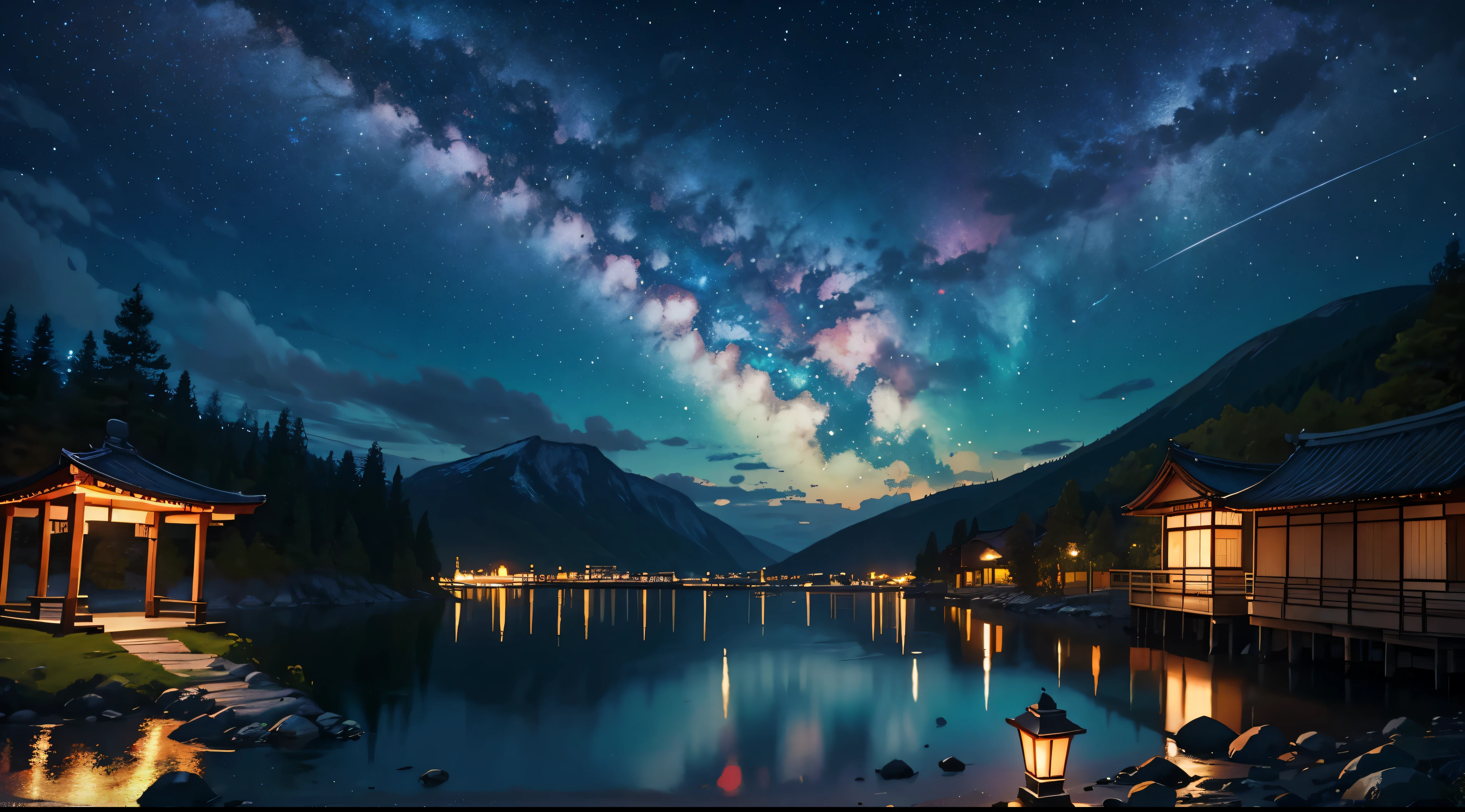 Colored leaves、(jpn、evening glow、Mare)、torii gate、autumnal, oil painting with sky and stars night with van Koch style with green landscape in Norway