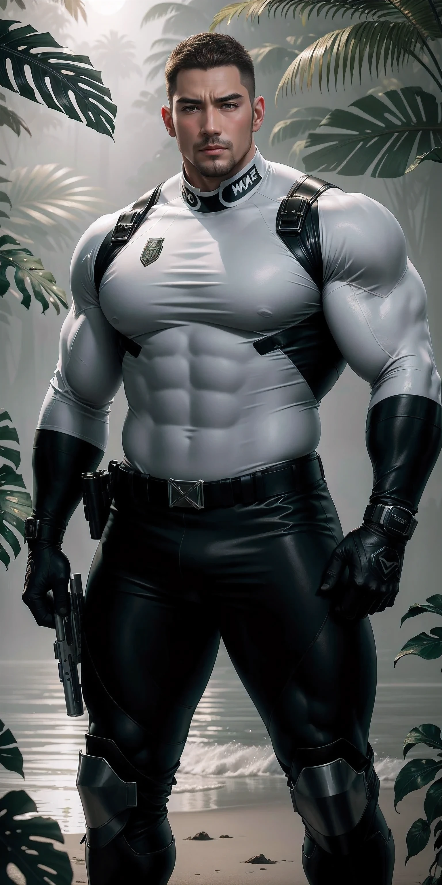 High, huge, muscular police officer with his mouth open and screaming..,White khaki camouflage uniform,character idea(Resident Evil - chris redfield,chris redfield)senior police officer,Wearing a white khaki camouflage wetsuit,Matte texture,regular symmetrical texture pattern,Standing in the dark sugar cane jungle, The body is wrapped in thick rattan,sad expression,Deep and charming eyes,Emerald Pupil Hero,heroic male pose,高大burly,muscular!Charming leg muscles,High, burly, Heqiang, Wearing a white khaki camouflage wetsuit, Super gain and cool, high resolution committee, Big feet in black boots,Charming strong man,The bright sunshine is shining on you,matte particles,shiny texture