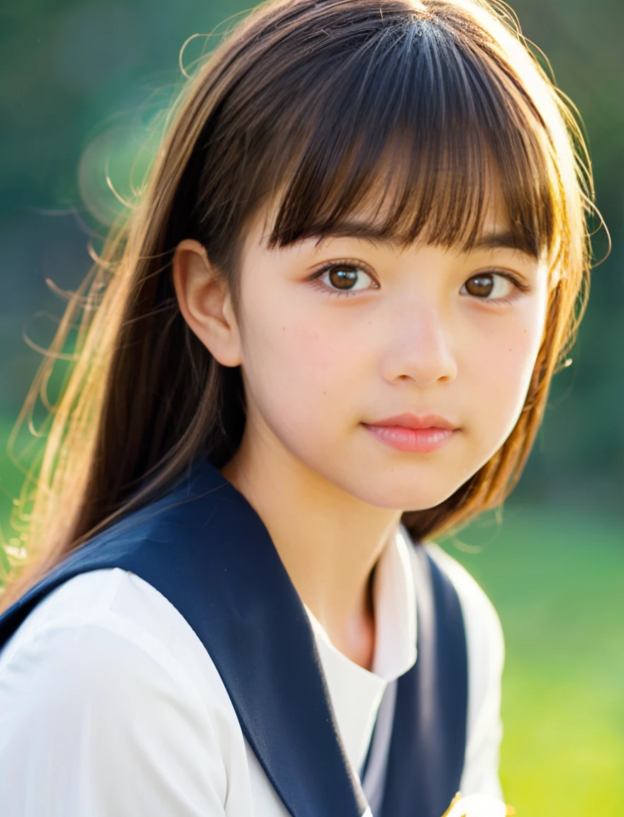 A beautiful girl wearing a Japanese navy blue sailor school uniform、、Leave the hem of your clothes outside、black hair、straight、No bangs、I love you、Moist eyes、
