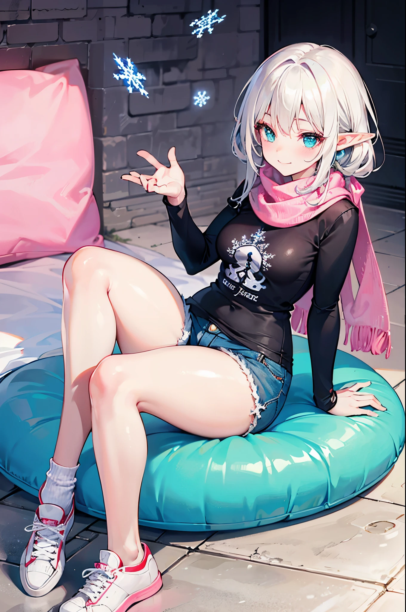 realistic image, coherent image, detailed image, 1 beautiful elf, She has white hair, long hair, turquoise eyes, her face is oval and delicate, Blushing, smiling, she is wearing a long sleeve t-shirt, scarf, denim mini shorts, moccasin type sneakers, small breasts, curvy body, thick thighs, sitting, legs together, snowflake,