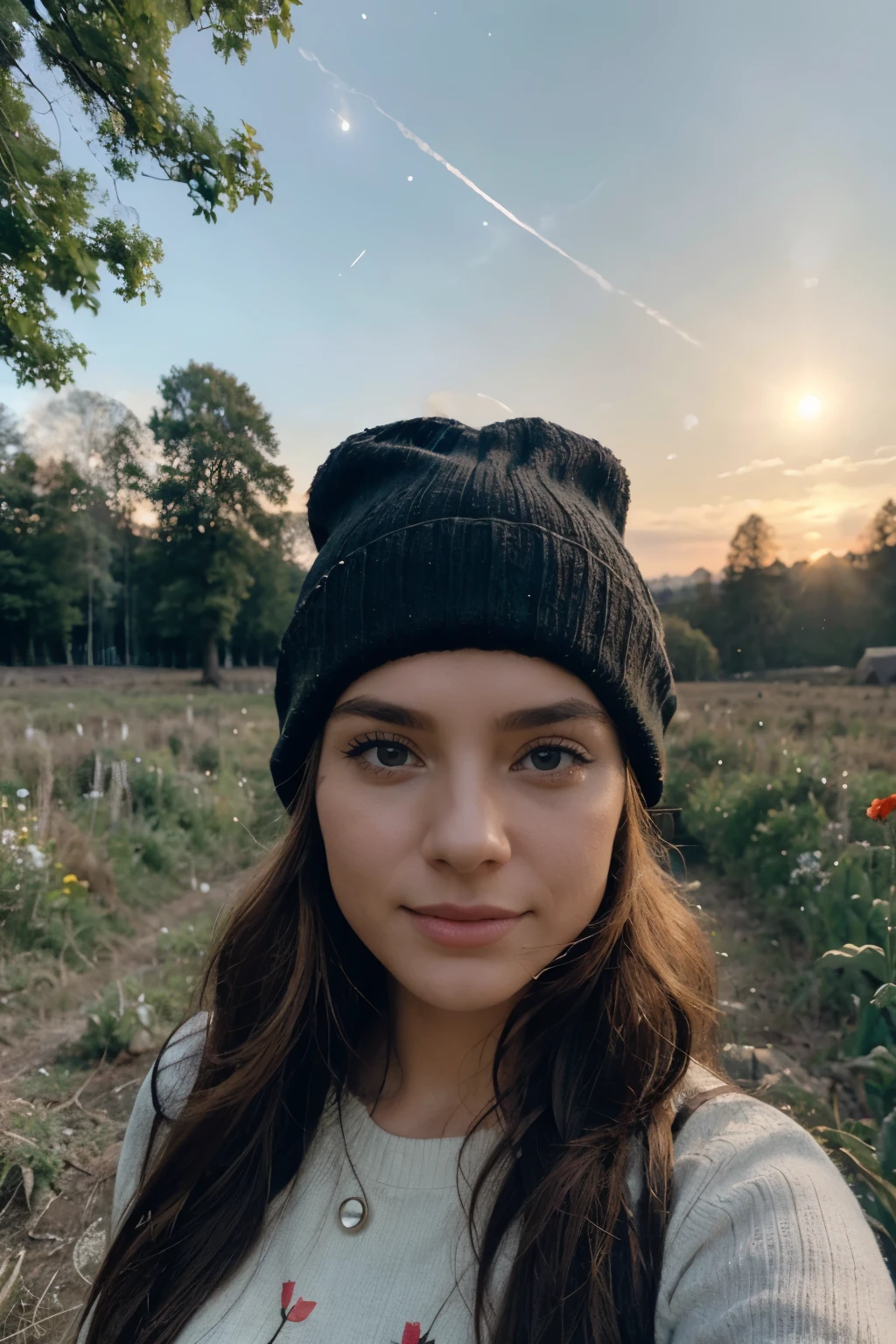 Copy photograph, photo of beautiful woman, selfie, upper body, solo, wearing pullover, outdoors, (night), mountains, real life nature, stars, moon, cheerful, happy, gloves, sweater, beanie, forest, rocks, river, wood, smoke, fog, looking at viewer, skin texture, photo grain, close up, RAW photo, rave woman, love celebration, 8k, raver crowd, 2 besties raving in a corn fields with vlye skyes, almost no clouds, bright sun, dark forest behind... with fog, hope in front, Poppy
flowers on the ground. #0057B7 for the sky & #FFDD00 for the feilds