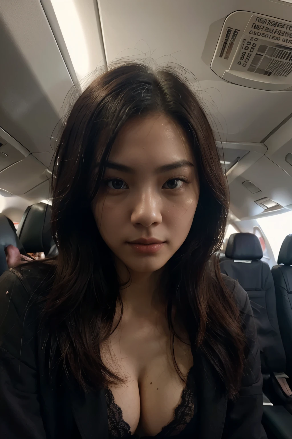 21 years old Hong Kong woman shy, airplane seat, lace lingerie, overcoat, hot, (((beautiful face))), hyper realistic, realistic skin tone, realistic skin texture, symmetric face, dark, fit body, asian pale skin tone, super wide angle photo, dark environment, closeup selfie from below, very low contrast photo from below, medium long hair, half body