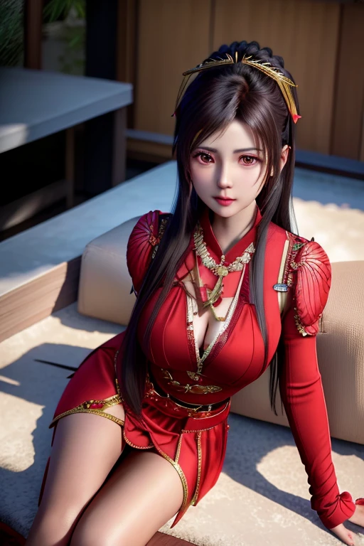 Araf woman in red dress sitting on bench，Wearing a gold chain, full body xianxia, Red Armor Lady, Beautiful charming anime woman, Seductive portrait of Tifa Lockhart, Rin Harusaka, Popular topics on cgstation, seductive anime girls, Succubus in tight skirt, wearing red clothes, Wearing a red cheongsam, Chen Sumi