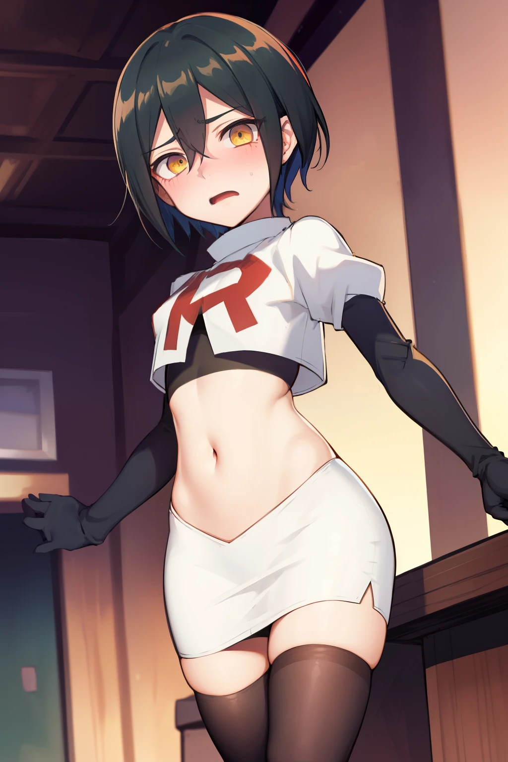 absurdres, cowboy shot, solo, male focus, trap, 1boy, crossdressing,1boy, saihara shuichi, yellow eyes,looking at viewer, team rocket,team rocket uniform,white skirt,red letter R,crop top,black thigh-highs,black elbow gloves, embarrassed, blush