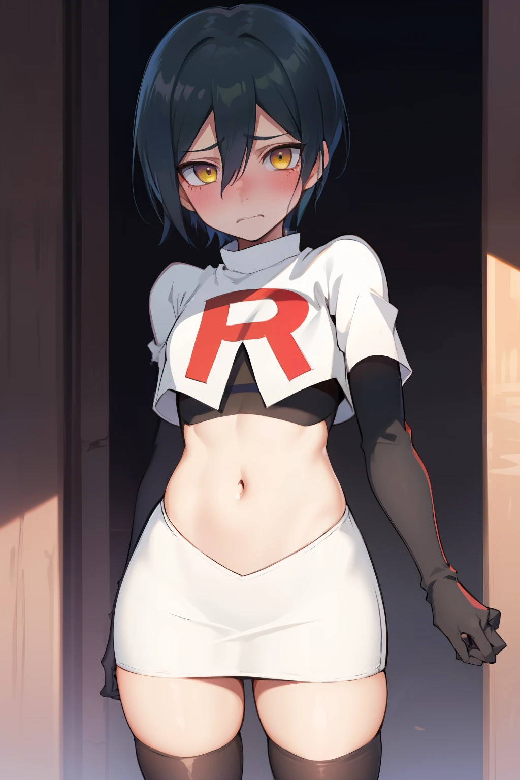absurdres, cowboy shot, solo, male focus, trap, 1boy, crossdressing,1boy, saihara shuichi, yellow eyes,looking at viewer, team rocket,team rocket uniform,white skirt,red letter R,crop top,black thigh-highs,black elbow gloves, embarrassed, blush