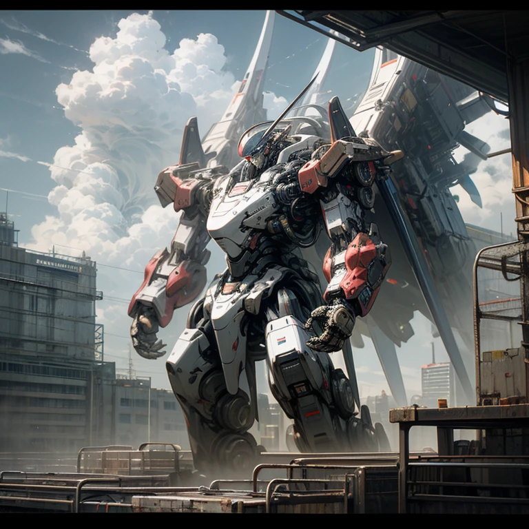 "null, cloud, Keep_arms, no_human, shine, robot, building, shine_eye, Mecha, Science fiction, cityscape, realistic, Mechaanical" --automatic