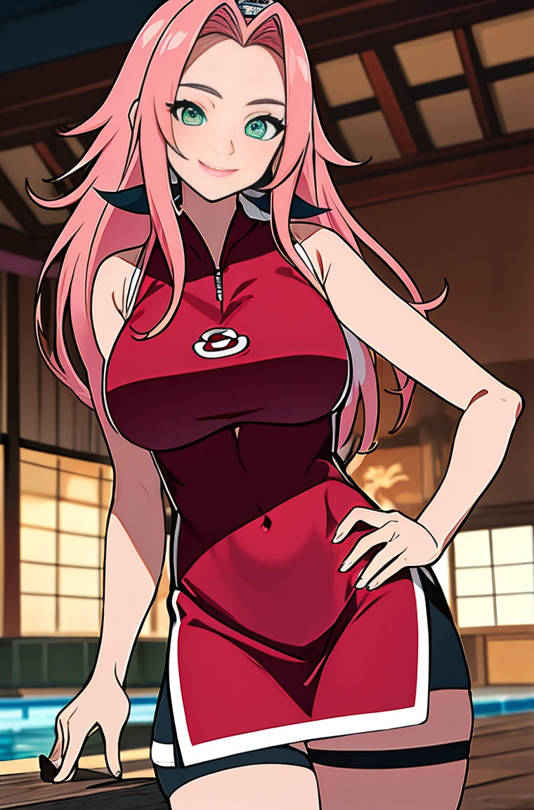 master piece, high quality, 8k, portrait, face shot, professional art, perfect features, perfect lighting, intricate details, very detailed background of a swimming pool, ((ultra detailed body, ultra detailed hair, ultra detailed face)), best quality, anime style, anime coloring, 1girl, Sakura Haruno, genin, ((huge_breast)), alone, full body, big thighs, long hair, pink hair, green eyes, ((micro short)), navel, crotch, forehead protection, looking at viewer, perfect face, perfect eyes, lipstick, standing, smiling, hands on hips.